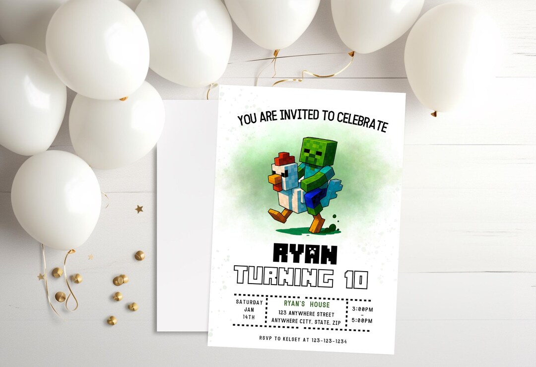Chicken Jockey Birthday Invitation Mine Art Pixel Theme Editable