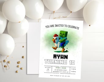 Invitación de cumpleaños de jinete de pollos / Tema de píxeles de Mine Art / Plantilla editable de Canva / Para niños gamers