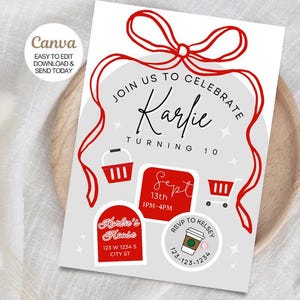 May include: A birthday party invitation with a red bow design. The invitation says "Join us to celebrate Karfie turning 10". Includes details like date, time, and RSVP information. The invitation is on a light gray background.