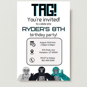 May include: A birthday party invitation with a black and white graphic of three monkeys. The invitation is for Ryder's 8th birthday party and includes the date, time, location, and RSVP information.