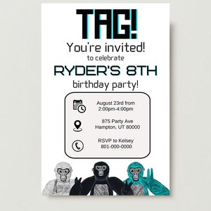 Gorilla Tag Birthday Party Invitation, digital download, editable birthday invite, customizable template.