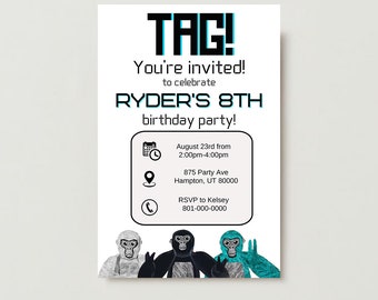 Gorilla Tag Birthday Party Invitation, digital download, editable birthday invite, customizable template.