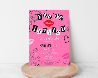 Invitación de cumpleaños de Mean Girls, invitación para fiesta rosa (plantilla editable)