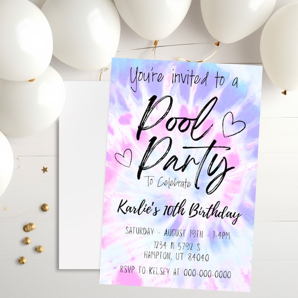 Pool Party Birthday Invitation, digital download, editable birthday invite, customizable template, tween teen preteen invite.