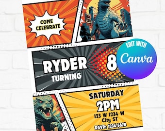 Invitación de cumpleaños de Godzilla, invitación a fiesta de Godzilla, invitación de cumpleaños de Godzilla, tema de cumpleaños de Godzilla