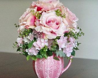 Vintage Pink Pitcher With a Pink Rose and Hydrangea Silk Flower Arrangement | Faux Arrangement | Artificial Flower Arrangement | Elegant