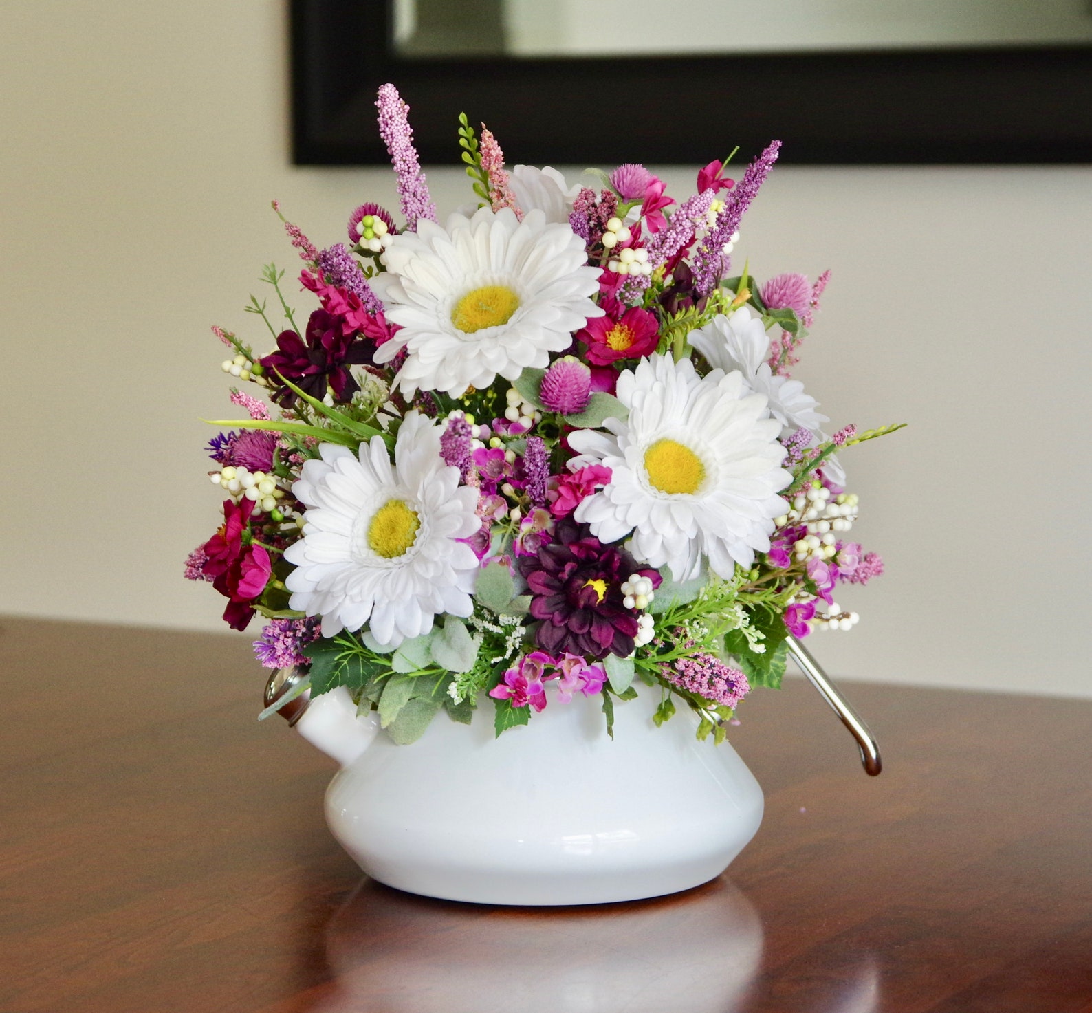 Vintage White Enamel Tea Kettle With Silk Arrangement Floral Etsy