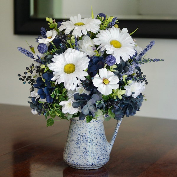 Vintage Blue and White Sponge Ware Pitcher With Silk Gerbera Daisy and Hydrangea Arrangement|Artificial Flower Arrangement|Faux Centerpiece|