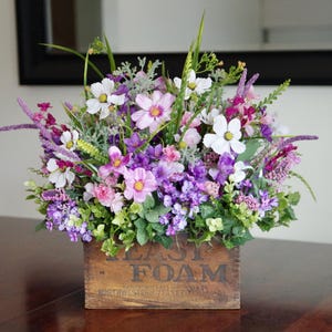 Vintage Wooden Box with Yeast Foam Stamped With Silk Lilacs and Cosmos Arrangement | Floral Arrangement | Faux Flowers| Floral Centerpiece