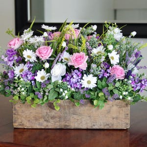 Vintage Wooden Box With Silk Pink and White Real Touch Roses, White Daisies, Lavender Lilacs and Lavender and White Wildflower Arrangement