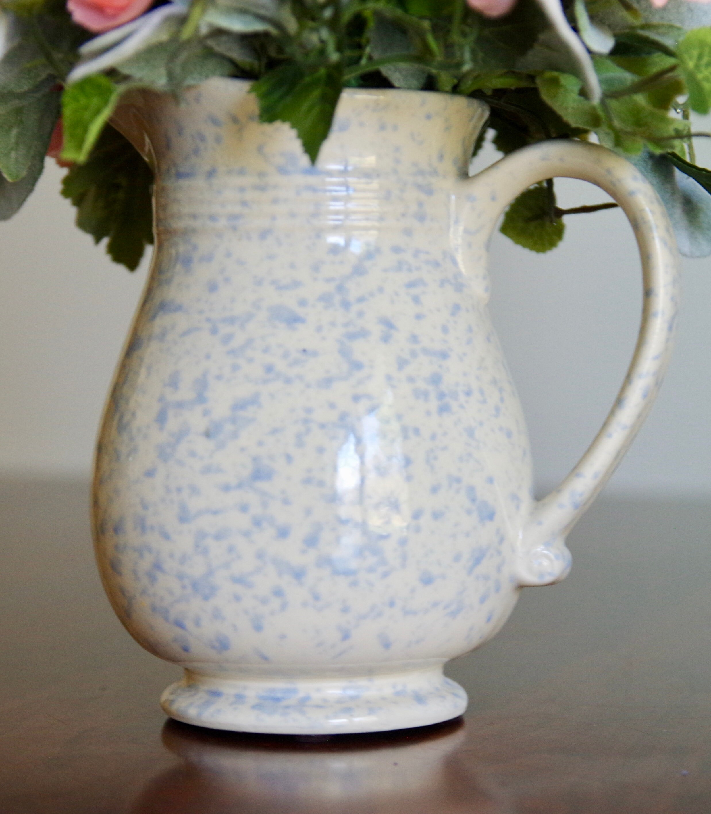 Vintage Blue Spongeware Pitcher With Silk Peach Arrangement Etsy