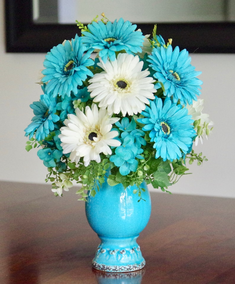 Silk Teal and Ivory Gerbera Daisy Arrangement in Teal Etsy