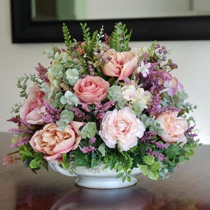 Vintage RC Pottery Lidded  Floral Tureen With Silk Pink and Peach Arrangement | Artificial Flowers | Faux Arrangement