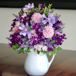 Vintage McCoy Pitcher With Silk Purple Lilacs, Lavender Cosmos, Pink Chrysanthemums and Lavender Wildflower Arrangement | Faux Flower