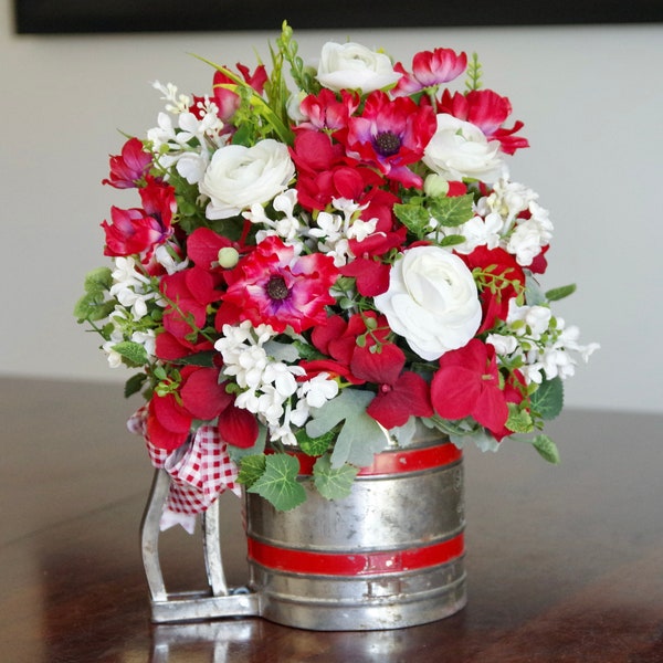 Vintage Silver and Red Sifter With Silk Red and White Arrangement  | Floral Arrangement | Faux Flower Arrangement | Floral Centerpiece