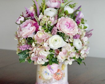 Vintage Bonn Pottery Lidded Bowl with Silk Pink Ranunculus  and Hydrangea Arrangement  | Silk Artificial Flower Arrangement| Faux Flowers