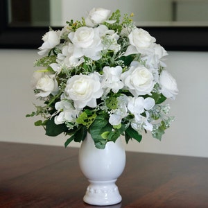 Real Touch White Rose Arrangement: Silk Flowers in White Ceramic Vase