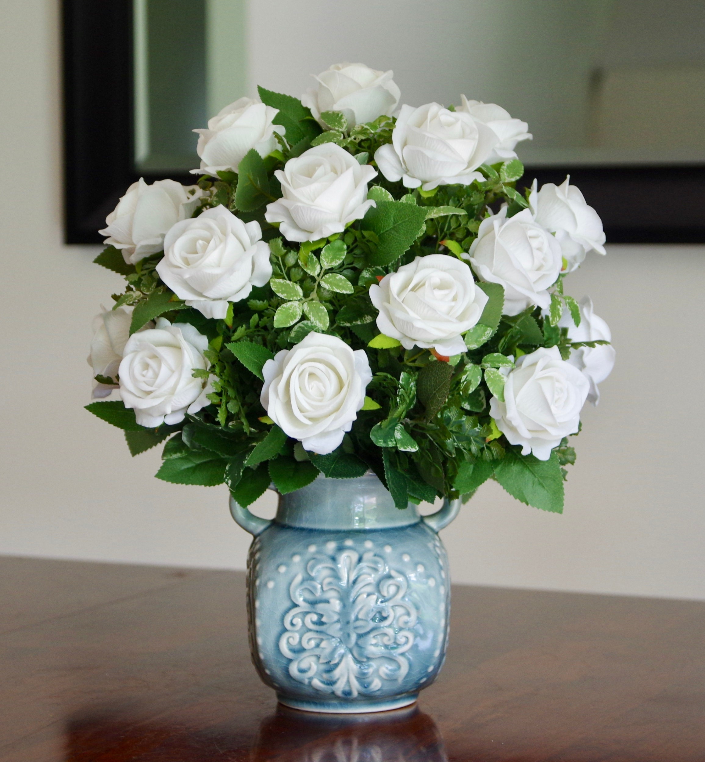 Vintage Blue Vase With 24 Real Touch Velvet Silk White Rose Etsy