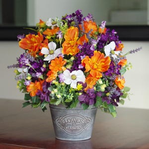 Silk Orange Cosmos & Purple Lilac Arrangement in Metal Flowers  Garden Planter | Silk Flower Centerpiece | Arrangement| Decor| Faux Flower