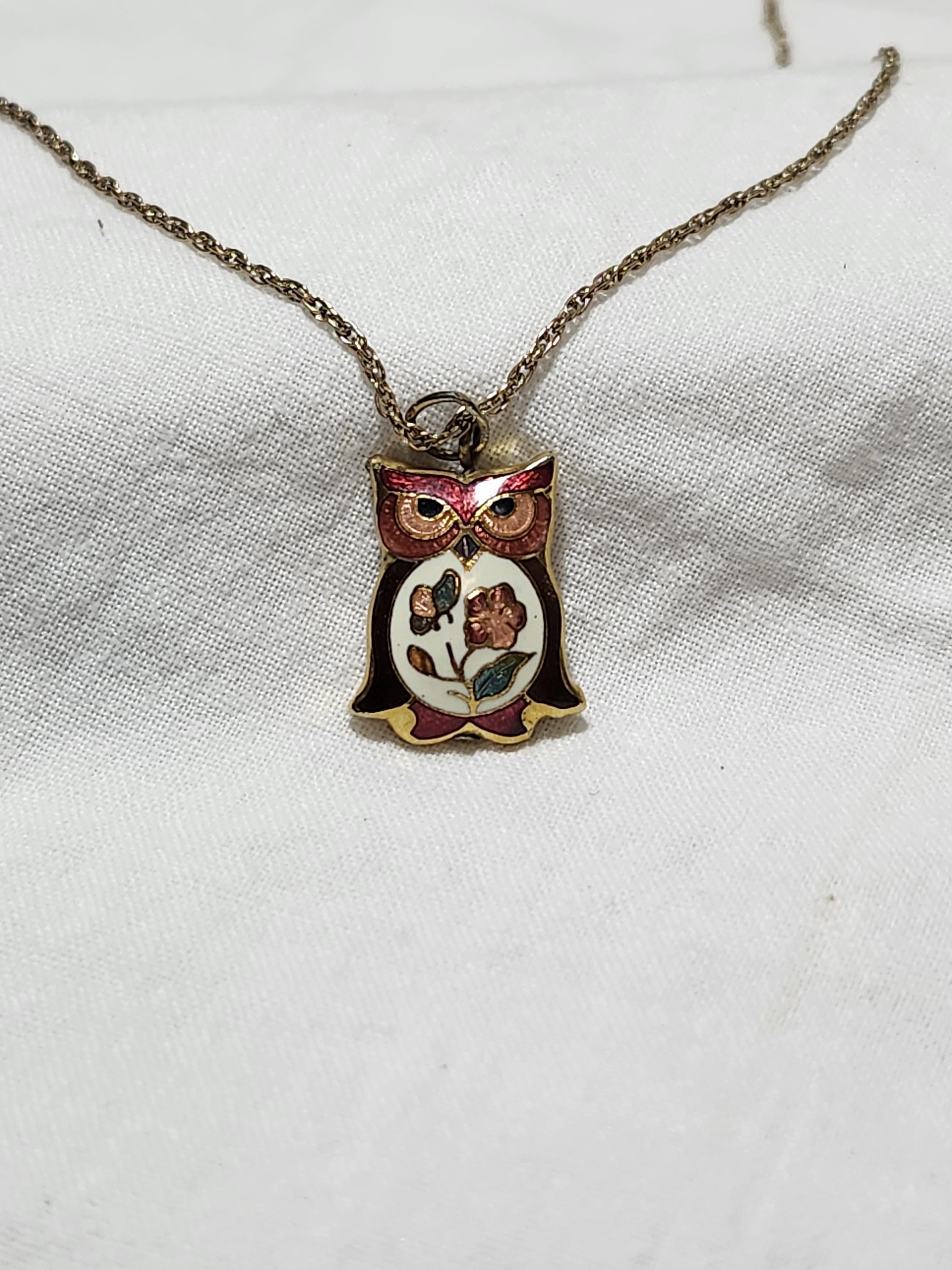 Vintage Cloisonn&eacute; Owl Pendant Necklace &ndash; Double-Sided Enamel Floral Design &ndash; Gold