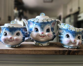 Vintage Lefton 'Miss Priss' Kitty Ceramic Teapot, Creamer & Sugar Bowl Set- 1950s- Rare