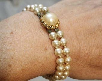 Vintage Two-Strand Faux Pearl Bracelet with Ornate Pearl Clasp, Mid-Century