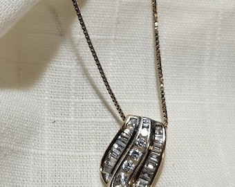 Gold Vermeil 925 Sterling Silver 3 Row Baguette & Round Cut CZ Pendant Necklace, 18" Chain,