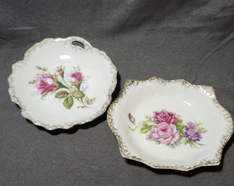 Vintage Porcelain Candy Dishes Set of 2, Floral Trinket Dishes, Gold Trim, Vintage Vanity Decor, Jewelry Dishes, Cottagecore Home Decor