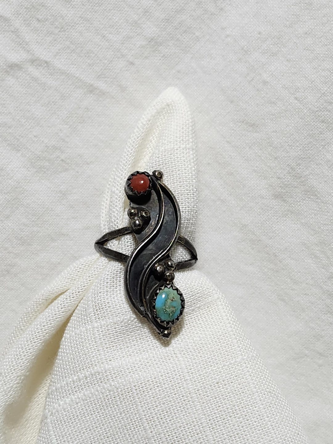 Vintage Navajo Turquoise and Coral Sterling Silver Ring Sz 5 - Etsy