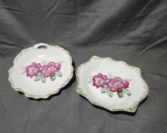 Vintage Porcelain Candy Dishes Set of 2, Floral Trinket Dishes, Gold Trim, Vintage Vanity Decor, Jewelry Dishes, Cottagecore Home Decor