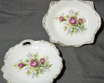 Vintage Porcelain Candy Dishes Set of 2, Floral Trinket Dishes, Gold Trim, Vintage Vanity Decor, Jewelry Dishes, Cottagecore Home Decor