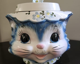 Vintage 1950s Lefton 'Miss Priss' Blue Kitty Cat Ceramic Cookie Jar