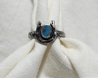 Anillo vintage de plata de ley con forma de herradura, incrustado con turquesa, talla 7.