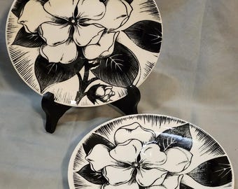 Vintage Homer Laughlin 'Dura Print Malay' Black & White Floral Plate, MCM
