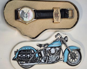 Harley-Davidson Vintage Motorcycle Watch in Collectible Tin- Genuine Leather