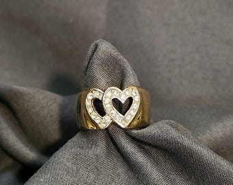 18K HGE Gold Double Rhinestone Heart Ring Wide Band Women’s Size 8