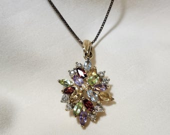 18K Gold Vermeil Sterling Silver Multi-Gemstone and Diamond Accent Cluster Pendant Necklace, 18" Chain