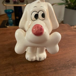 Vintage 70s ceramic bank dog with bone dog figurine funny dog brown white dog