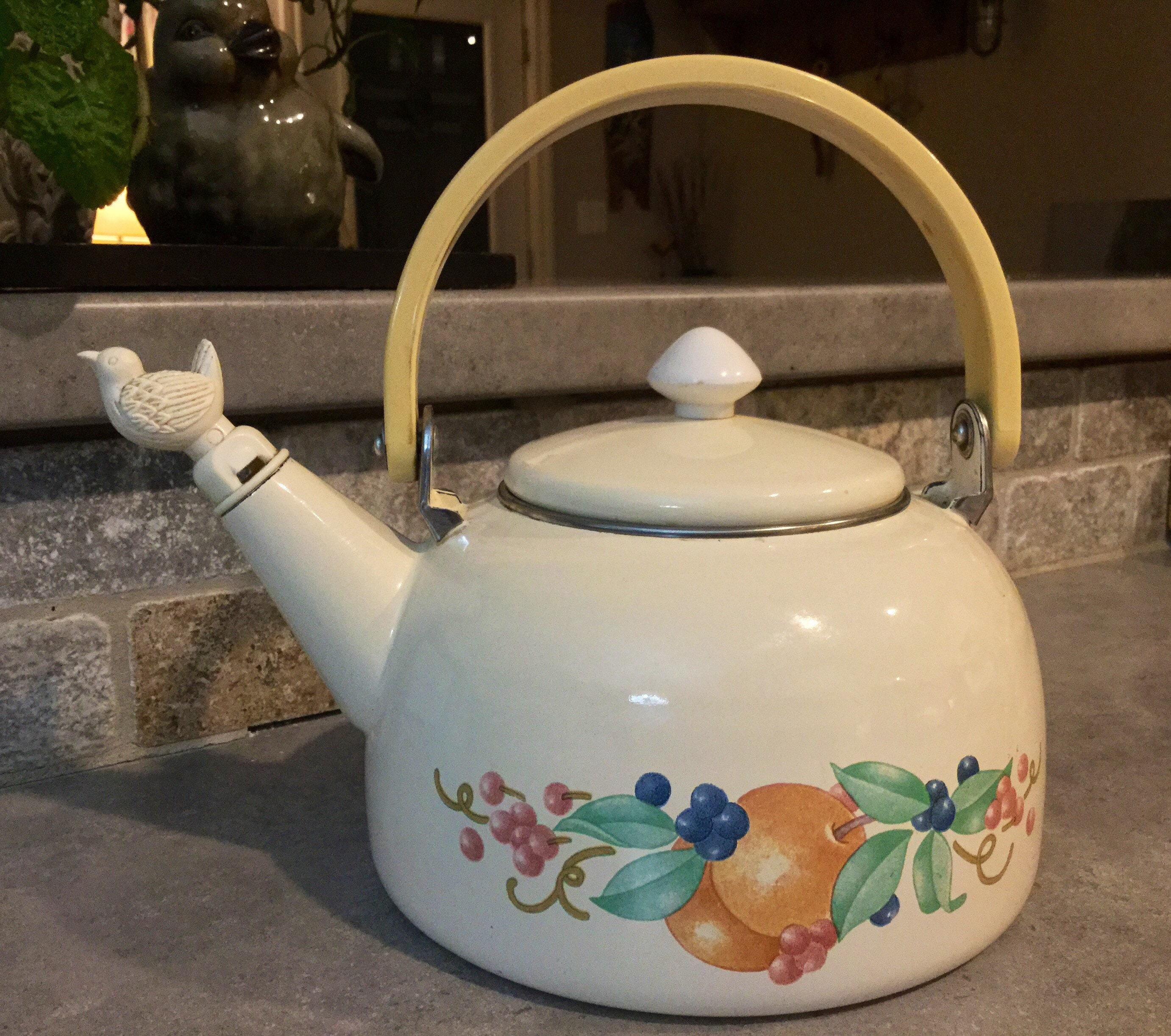 Tea Kettle With Bird Whistler Vintage enamel tea kettle with vintage bird whistle and | Etsy