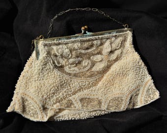 1920's Art Deco Micro Bead hinged and clasp handbag in rare over-skirt construction