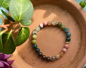 ENCHANTED FOREST bracelet, semi-precious stone bracelet, agate, rhodocrosite, prehnite, moonstone, jade, bronzite, mala bracelet,