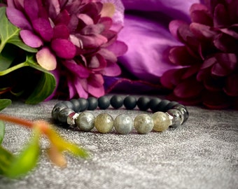 GALILEO bracelet, semi-precious stones of onyx, larvikite and labradorite, stainless steel, lithotherapy, mala bracelet, gift