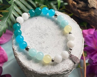 PINA COLADA bracelet, jade, stainless steel, silver pineapple charm, tropical jewelry, semi-precious stone mala bracelet, fine stones