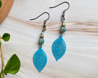 Dangling earrings, bright blue lace leaves, boho chic style jewelry, colorful beads, stainless steel, gift for woman