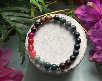 RAINFOREST bracelet, jade, agate, jasper, onyx, tiger's eye and wood, stainless steel, semi-precious stone bracelet, fine stones