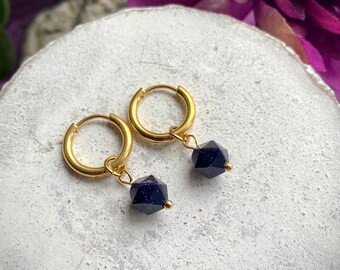 COSMIC DUST earrings, blue goldstone and gold stainless steel, semi-precious stones, ring earrings, delicate