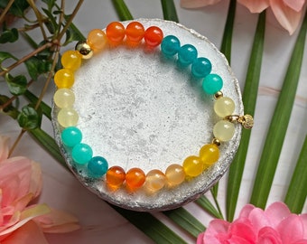 TROPICOOL bracelet, jade and carnelian, gold stainless steel, sparkling pineapple charm, lithotherapy, semi-precious stones