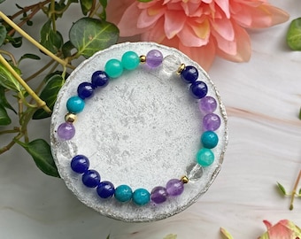 ATHENA bracelet, colored jade stones, amethyst and quartz, turquoise, blue and gold jewelry, semi-precious stones, mala bracelet, colorful
