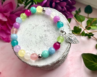 BOUQUET bracelet, semi-precious stones and stainless steel, leaf charm, mala bracelet, colorful and original jewelry, gift for her