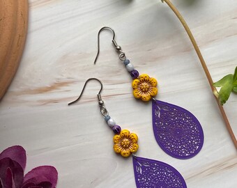 Purple, bohemian and light earrings, drop-shaped pendant, dangling earrings, yellow flowers, colorful beads